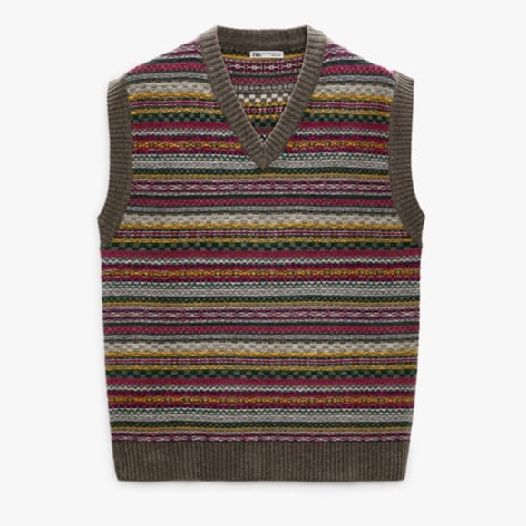 Zara wool blend rustic multicolored whimsical jacquard V-neck sweater vest NWT - Picture 1 of 9
